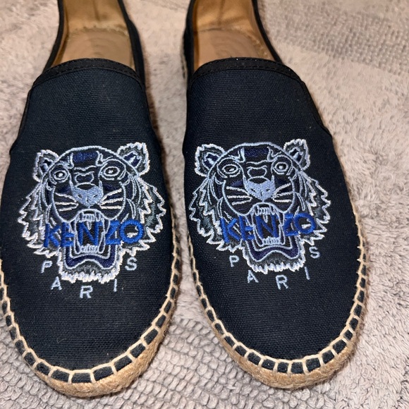 Kenzo Shoes - Kenzo Black Canvas Espadrilles with Blue & White Tiger Embroidery
